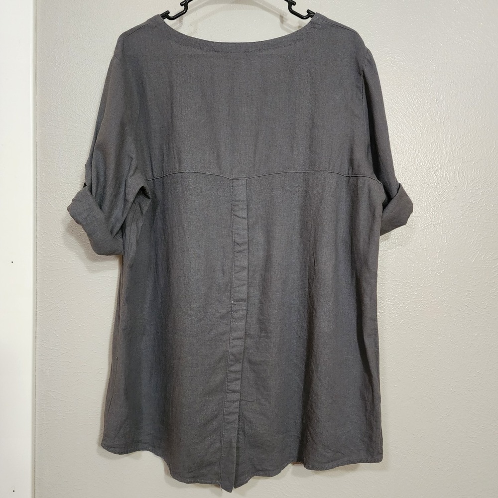 Ellen Tracy Gray 55% Linen‎ Zipper Detail Rolled Tab Popover Top Blouse Large - Picture 2 of 8